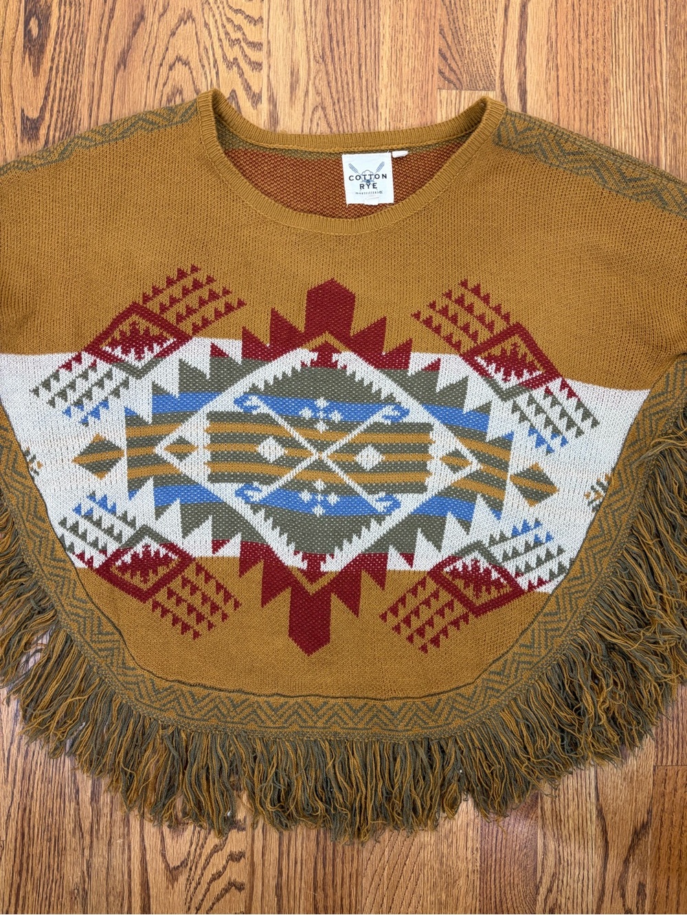 Cotton Rye Mustard Aztec Fringe Poncho Sweater